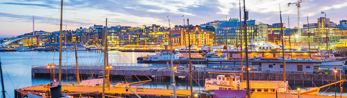 Oslo city, Oslo port with boats and yachts at twilight in Norway 