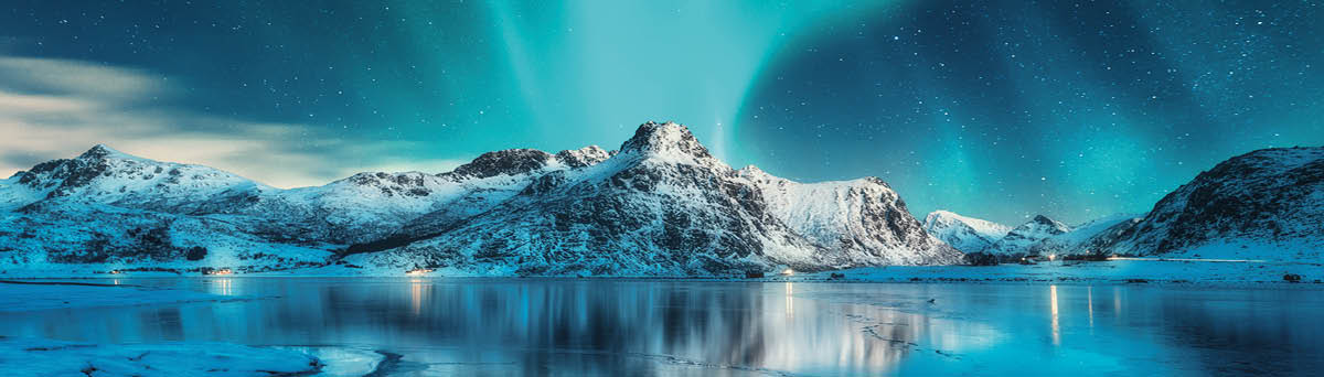 Aurora borealis over snowy mountains, frozen sea coast, reflection in water at night  Lofoten islands, Norway  Northern lights  Winter landscape with polar lights, ice in water  Starry sky with aurora