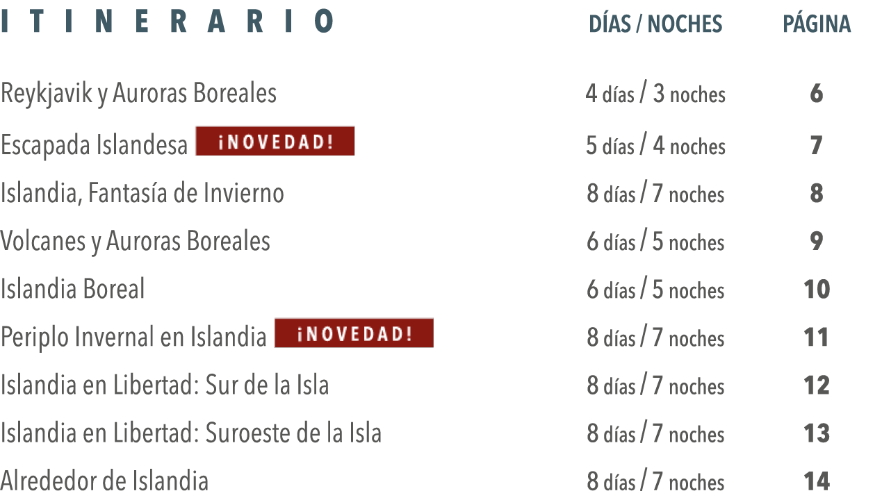 Itinerario DÍas   NocheS Página Reykjavik y Auroras Boreales 4 días   3 noches 6 Escapada Islandesa  5 días   4 noche   