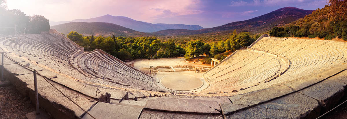 The theatre of Epidaurus in Peloponnese, Greece  It was built in the 4th century BC and seats up to 15000 people  It is also famous for its exceptional acoustics  