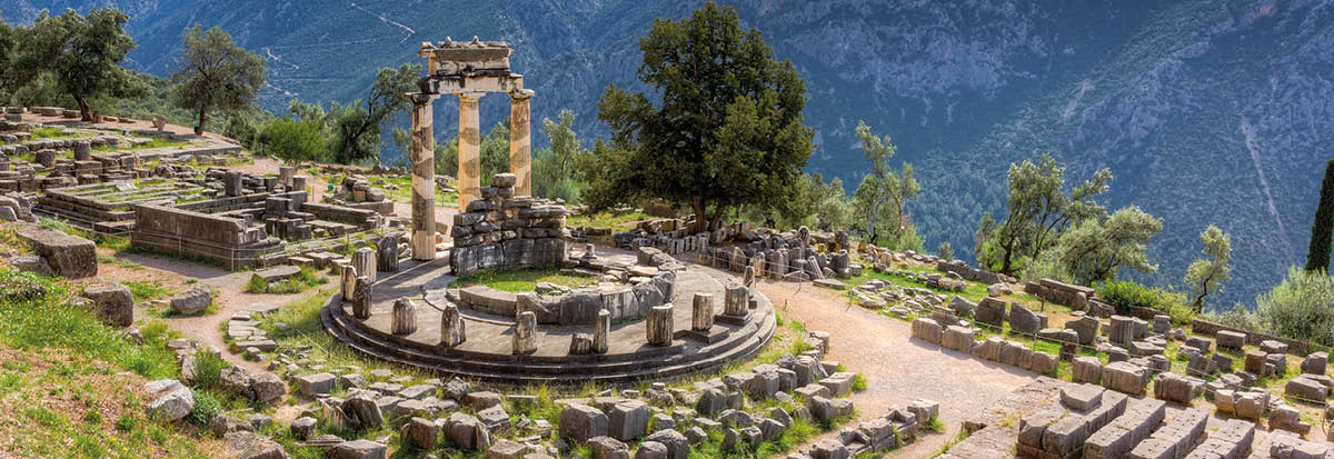 View of the Tholos at the sanctuary of Athena Pronaia, Delphi, Phocis, Greece