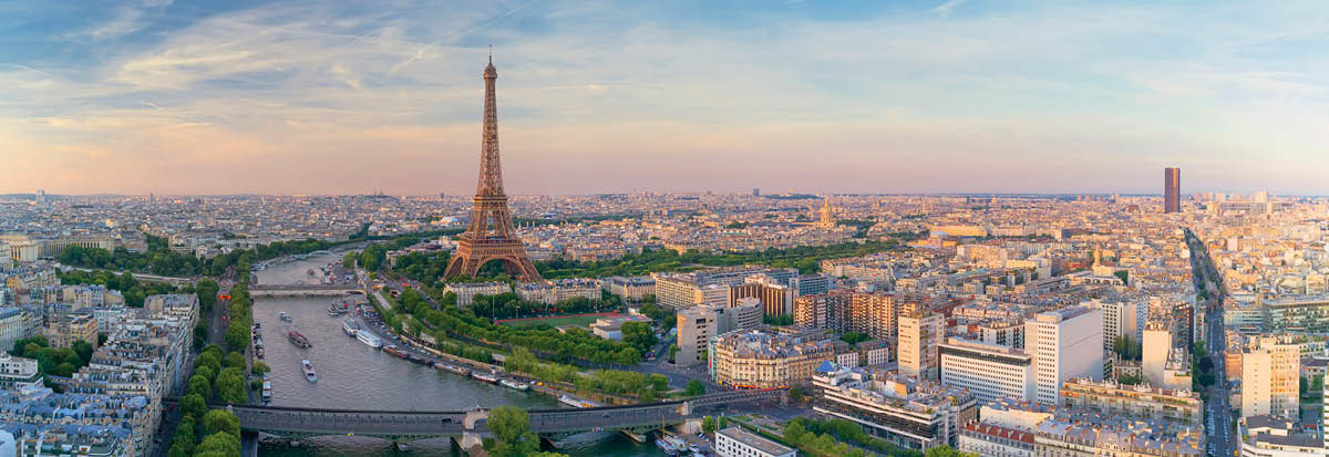Aerial view of Paris with Eiffel tower during sunset