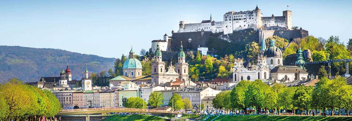 Beautiful view of Salzburg skyline with Festung Hohensalzburg and Salzach river in summer, Salzburg, Salzburger Land, Austria 