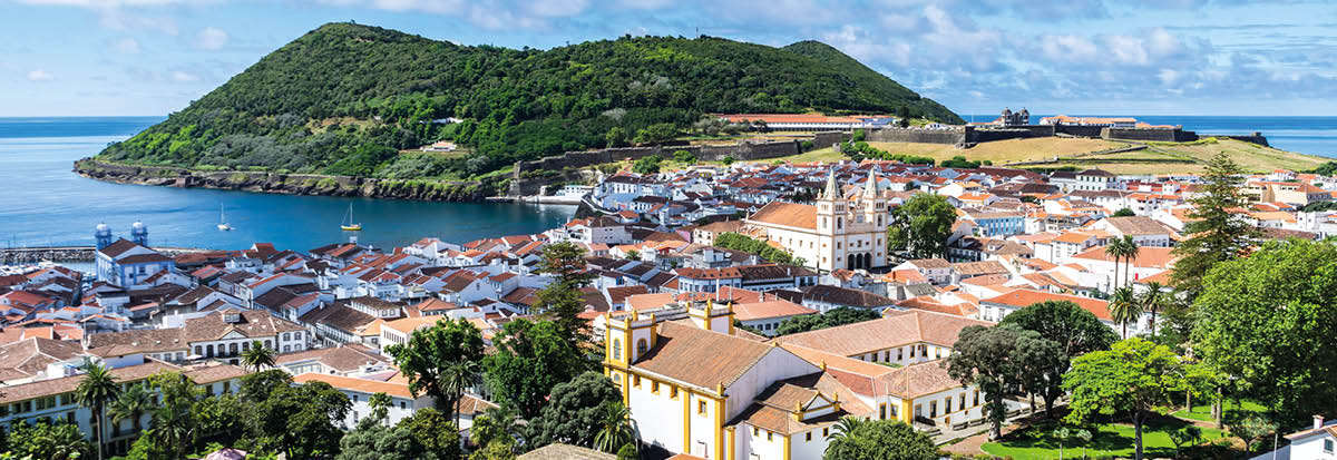 Sunny view of Angra do Heroismo from Alto da Memoria, Azores, Portugal