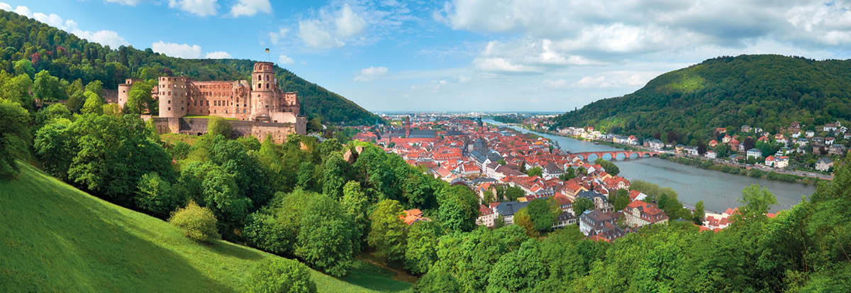 Heidelberg town in Germany and ruins of Heidelberg Castle (Heidelberger Schloss) in Spring, panoramic image