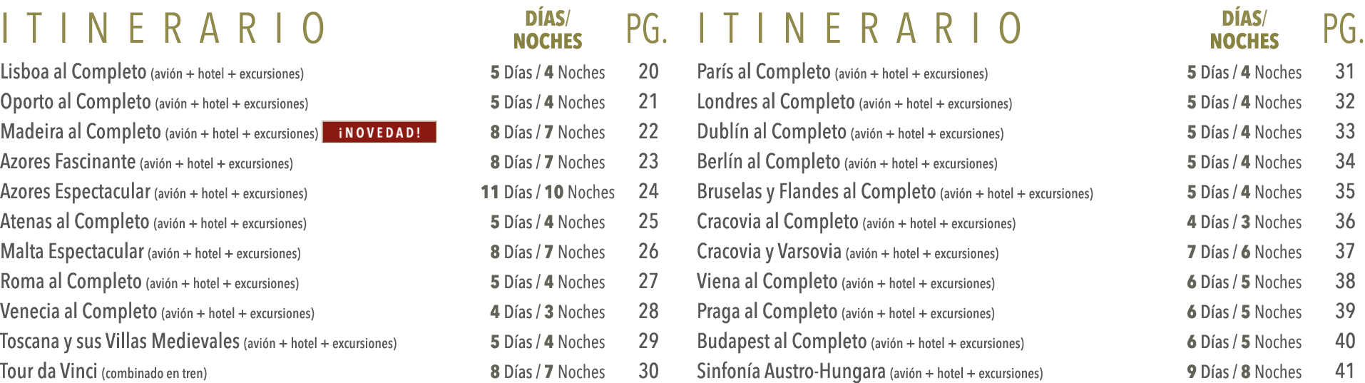 Itinerario DÍas  Pg  Noches Lisboa al Completo (avión + hotel + excursiones) 5 Días   4 Noches 20 Oporto al Completo    