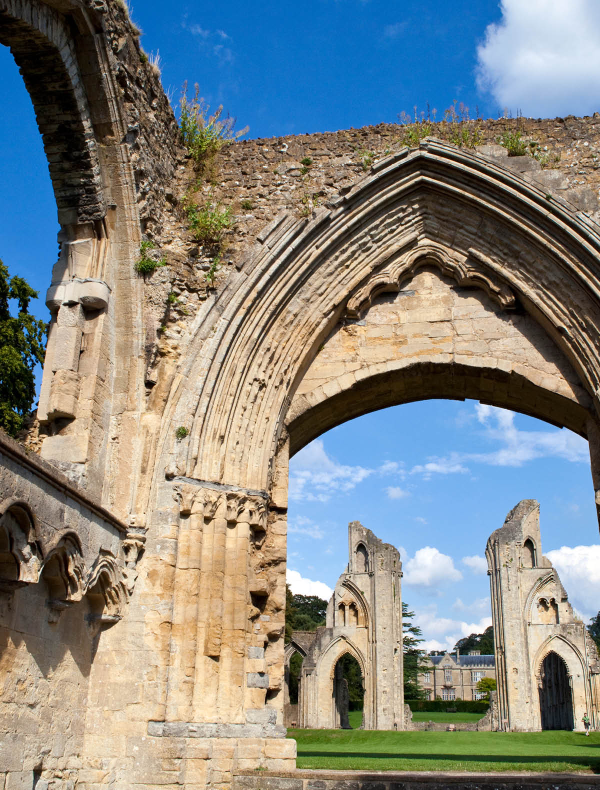 The historic ruins of Glastonbury Abbey in Somerset, England.