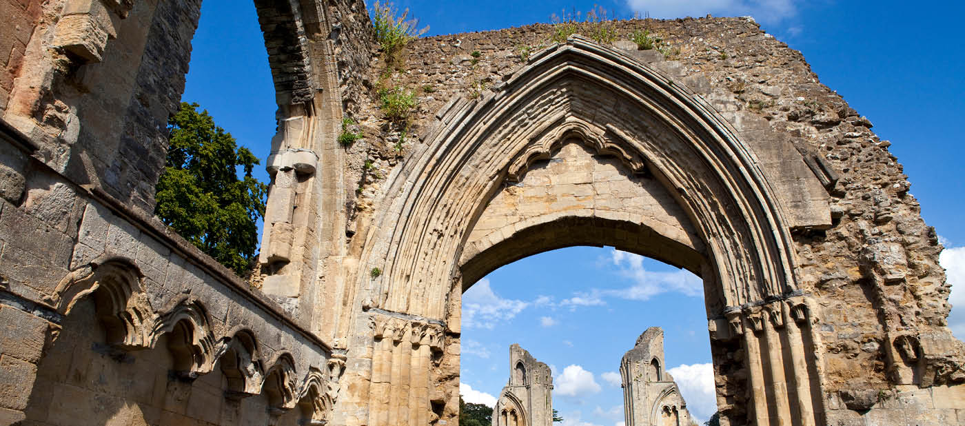 The historic ruins of Glastonbury Abbey in Somerset, England.