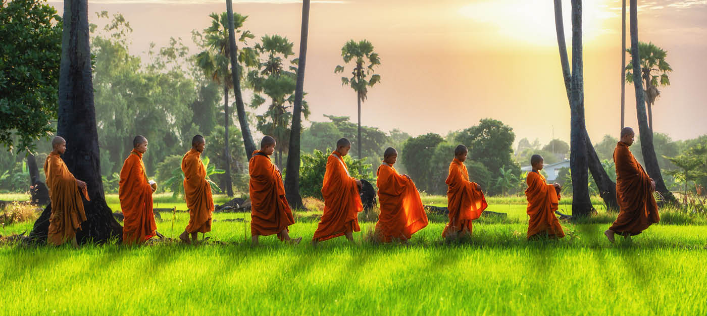 Buddhist monk and Buddhist novice going about with a bowl to receive food in the morning by walking in a row across rice field with palm trees to village