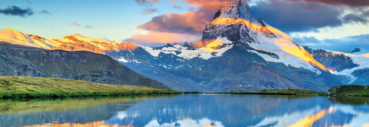 Magical sunrise panorama with Matterhorn and beautiful alpine lake,Stellisee,Valais region,Switzerland,Europe