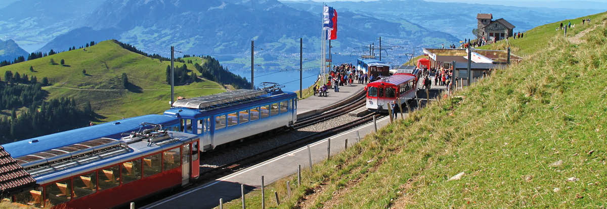 Fantastic panoramic view from Mount Rigi on Lake Lucerne and the Alps in the background (Pilatus) 