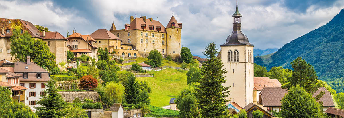 Beautiful view of the medieval town of Gruyeres, home to the world-famous Le Gruyere cheese, canton of Fribourg, Switzerland