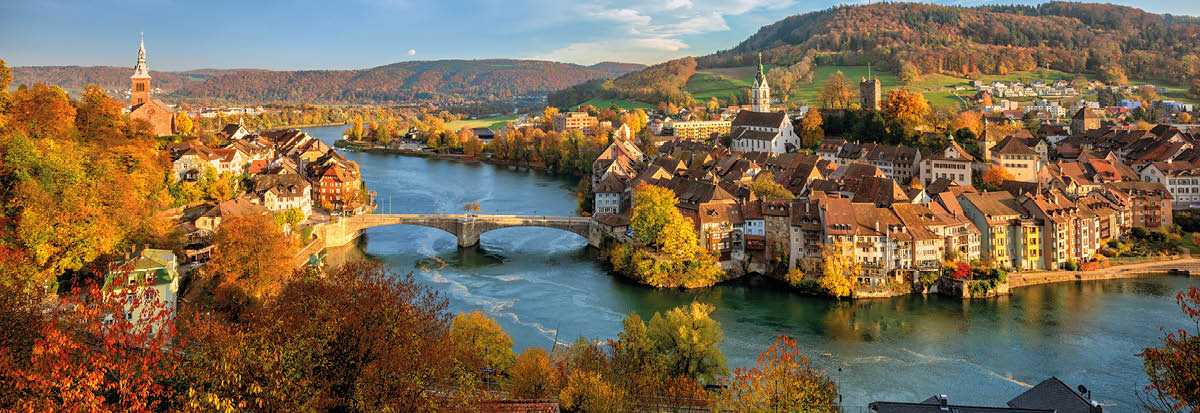 Laufenburg Old town on Rhine river is a popular day trip destination around Basel, Switzerland, on the swiss german border