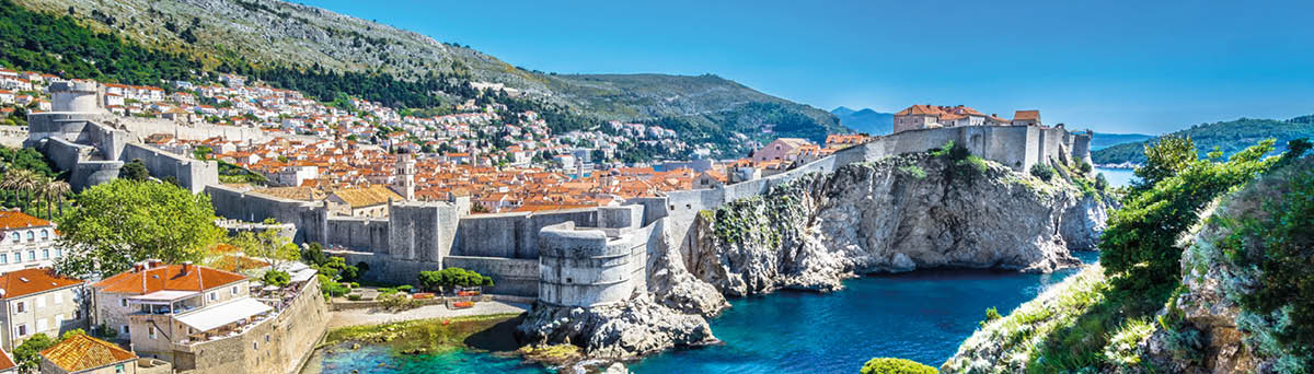 Aerial panoramic view at famous european travel destination, Dubrovnik cityscape on Adriatic Coast, Croatia 