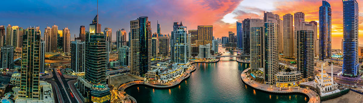 Panoramic view of Dubai Marina in UAE at sunset