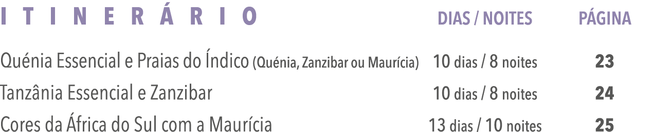 Itinerário Dias   Noites Página Quénia Essencial e Praias do Índico (Quénia, Zanzibar ou Maurícia) 10 dias   8 noites   