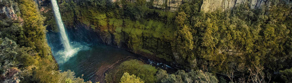 Wide view looking down on Mac Mac Falls and its deep canyon in Mpumalanga, South Africa