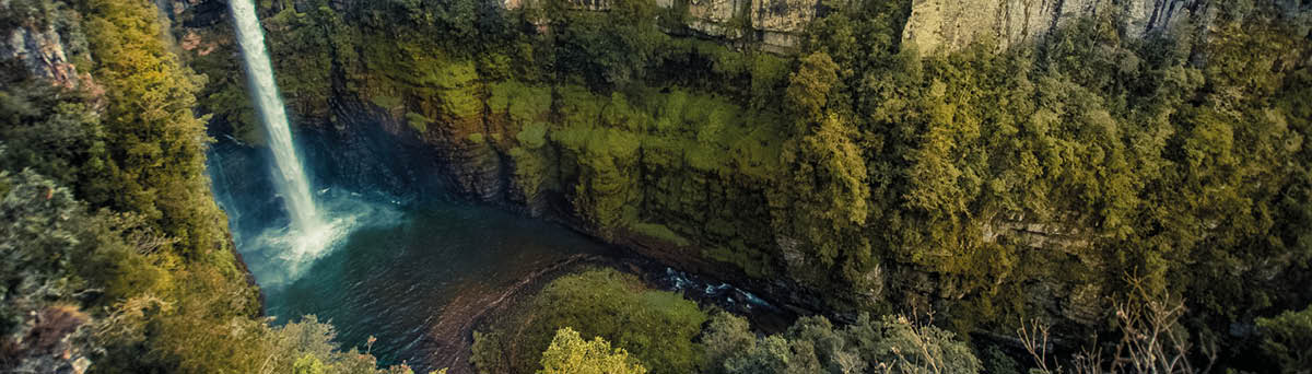 Wide view looking down on Mac Mac Falls and its deep canyon in Mpumalanga, South Africa