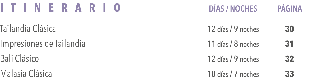 Itinerario DÍas   Noches Página Tailandia Clásica 12 días   9 noches 30 Impresiones de Tailandia 11 días   8 noches 3   