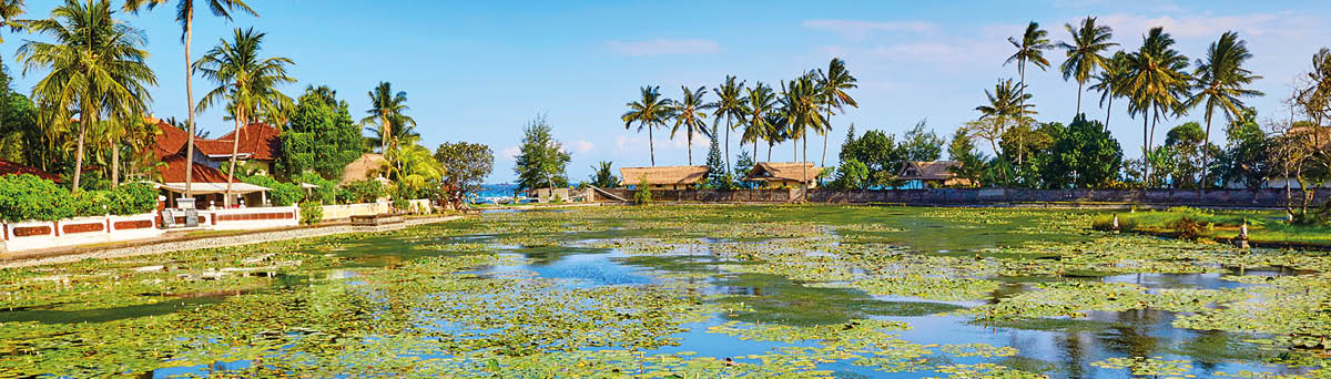 Beautiful lotus lagoon in Candidasa, Bali, Indonesia