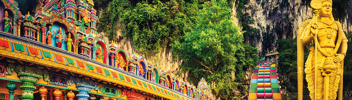 Beautiful view of colorful stairs of Batu caves, Kuala Lumpur, Malaysia  Panorama