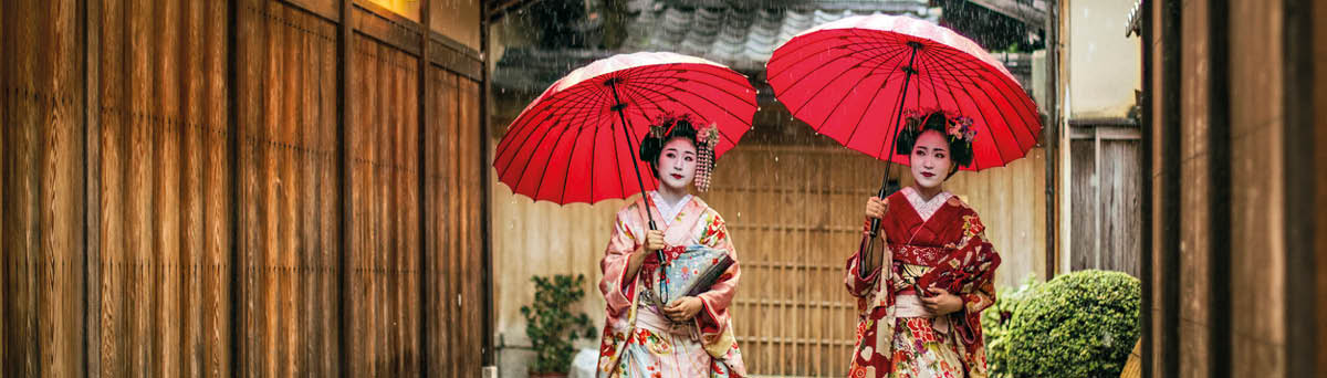 Full length of young maikos holding red umbrellas during rainy season  Beautiful geisha girls wearing traditional dress called kimono  They are walking on wet street 