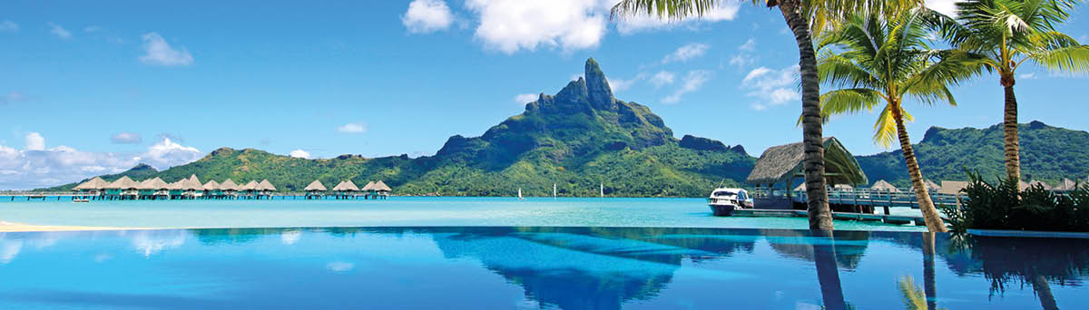 Mt Otemanu reflected in swimming pool  