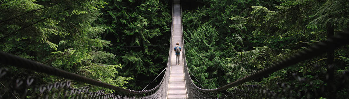A young fit man exploring the wilderness; walking desolate suspension bridges, walking around a blue alpine lake, and driving on the open road 