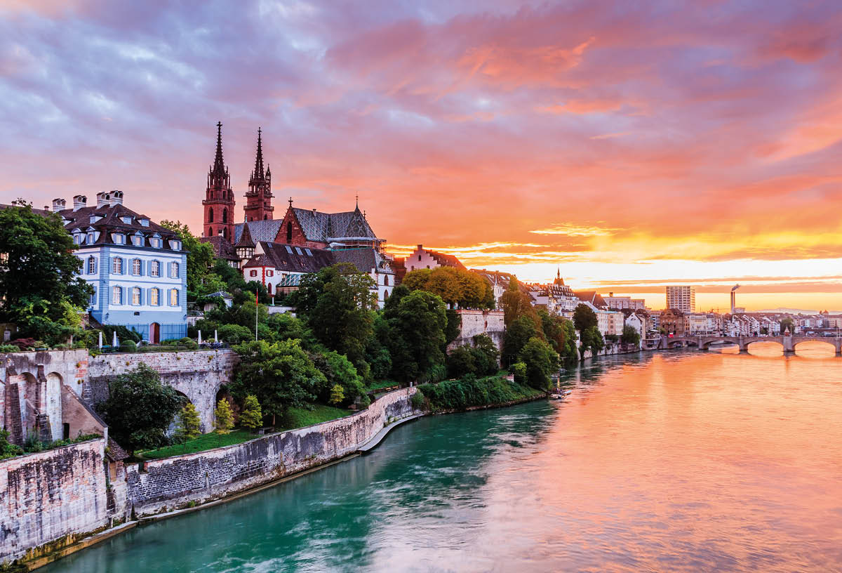 Basel, Switzerland   Old town with Munster cathedral on the Rhine river at sunset 