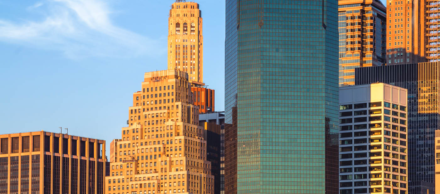 Office Buildings in Manhattan, famous landmark of New York, morning colors and light, New York City, USA