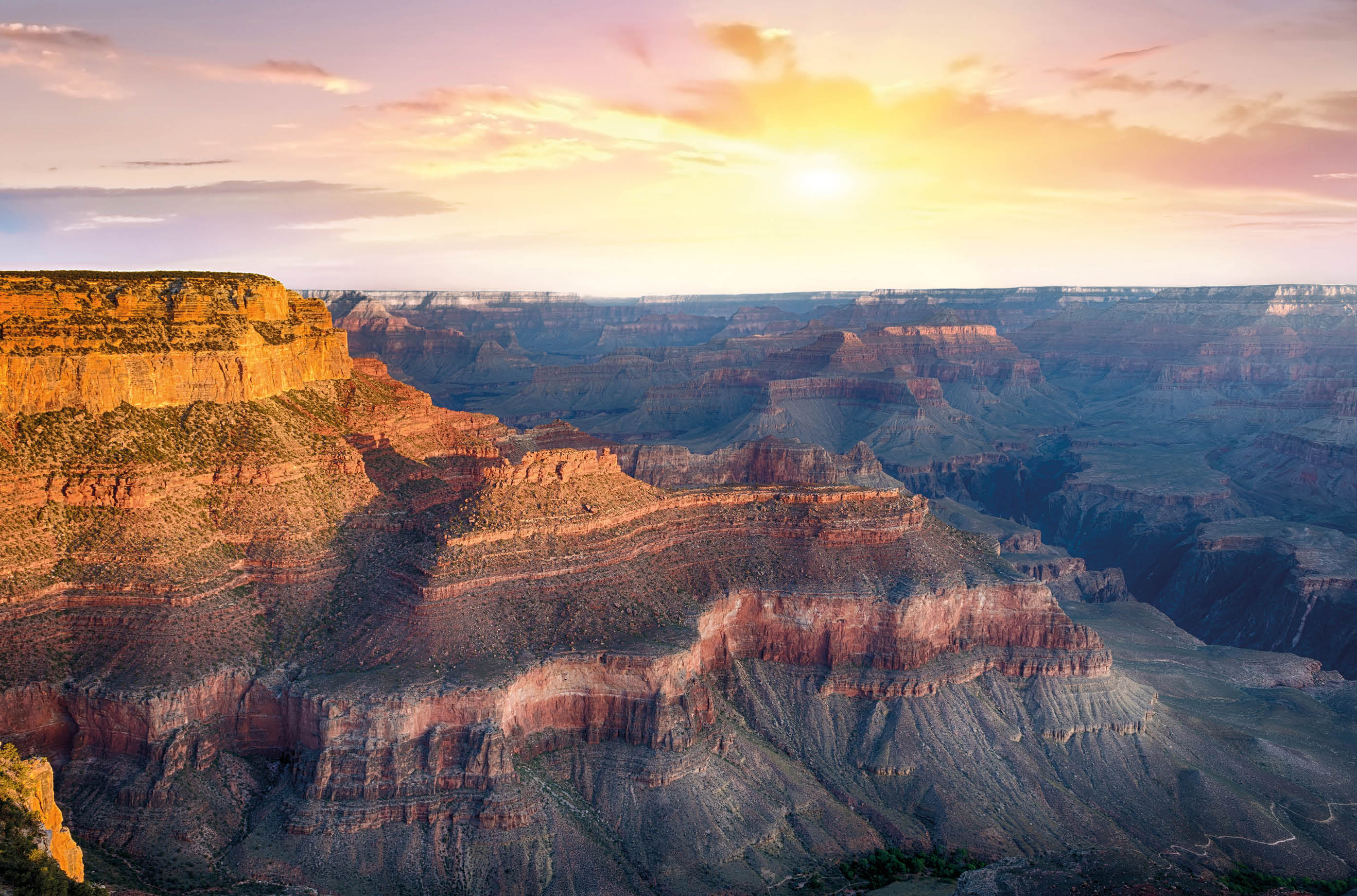 Beautiful colors and shapes of the Grand Canyon shortly after the sunset at Yavapai Point. Arizona, USA