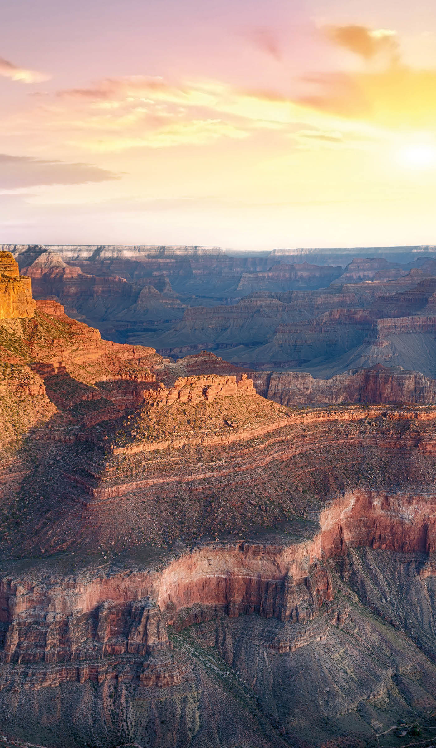 Beautiful colors and shapes of the Grand Canyon shortly after the sunset at Yavapai Point. Arizona, USA