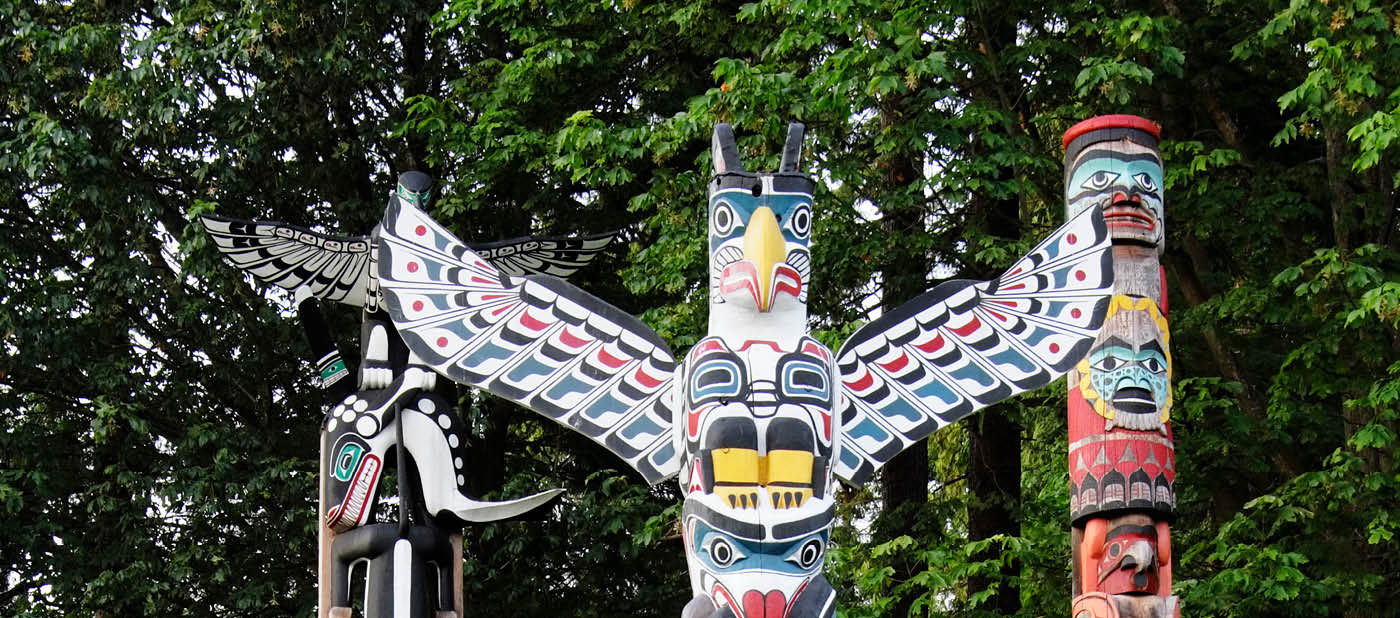 “First Nations totem poles in Stanley public Park, Vancouver, British Columbia"
