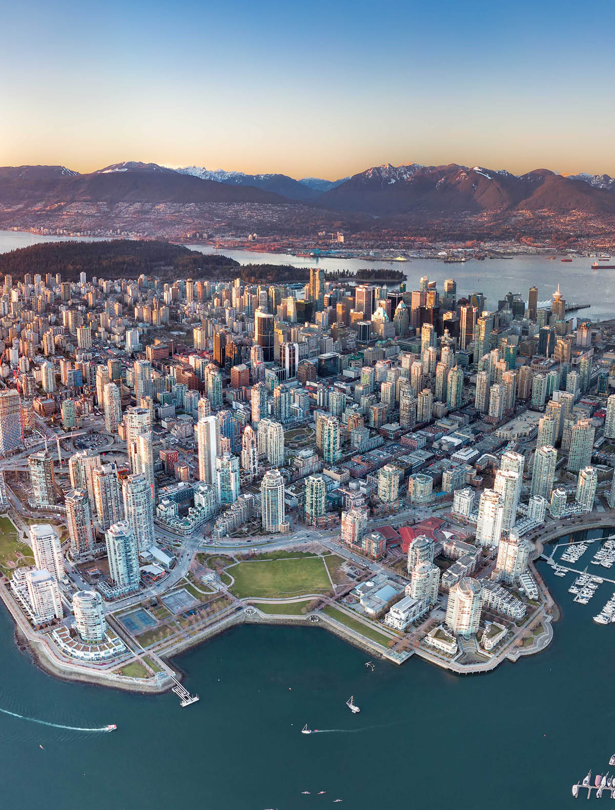 A panoramic drone view of Vancouver downtown.