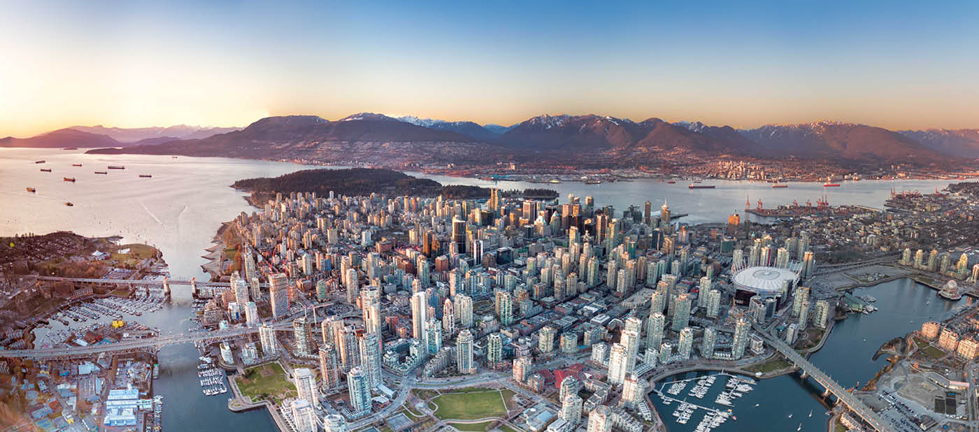 A panoramic drone view of Vancouver downtown.