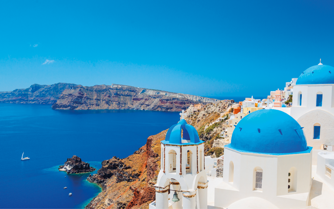 Santorini Island, Greece, Beautiful View of Blue Ocean and Traditional Dome Church Architecture