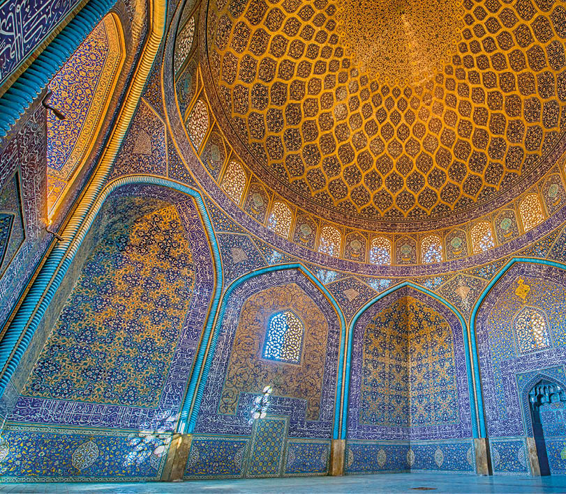 Mosaic decoration made of tiles inside the famous Sheikh Lotfollah Mosque  This mosque is one of the architectural masterpieces of Safavid Iranian architecture, standing on the eastern side of Naghsh-i Jahan Square (also known as Imam or Shah Square) in Isfahan, Iran  The construction of the mosque dates back to 1603 until 1615 