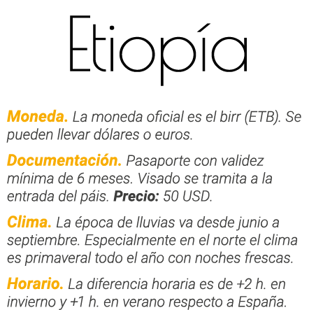 Etiopía Moneda  La moneda oficial es el birr (ETB)  Se pueden llevar dólares o euros  Documentación  Pasaporte con va   