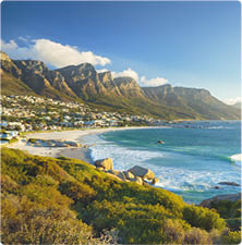 Beach and Twelve Apostles mountain in Camps Bay near Cape Town in South Africa 