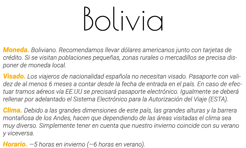 Bolivia Moneda  Boliviano  Recomendamos llevar dólares americanos junto con tarjetas de crédito  Si se visitan poblac   